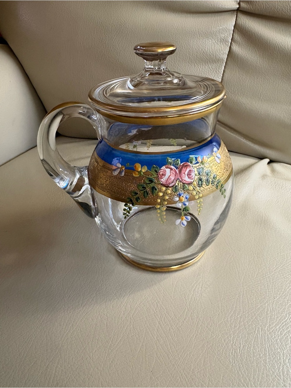 Hand-Painted Glass Pitcher with Blue and Gold Floral Band